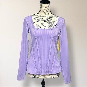 EleVen Venus Williams M Lilac Ribbed Square Neck Long Sleeve Tennis Athletic Top